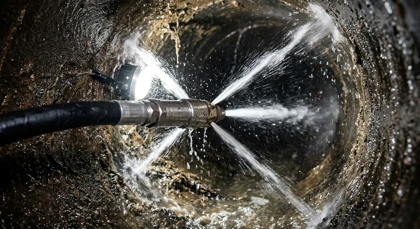High-pressure hydro jetting nozzle cleaning sewer pipe for Sewer Cleanout in Youngsville