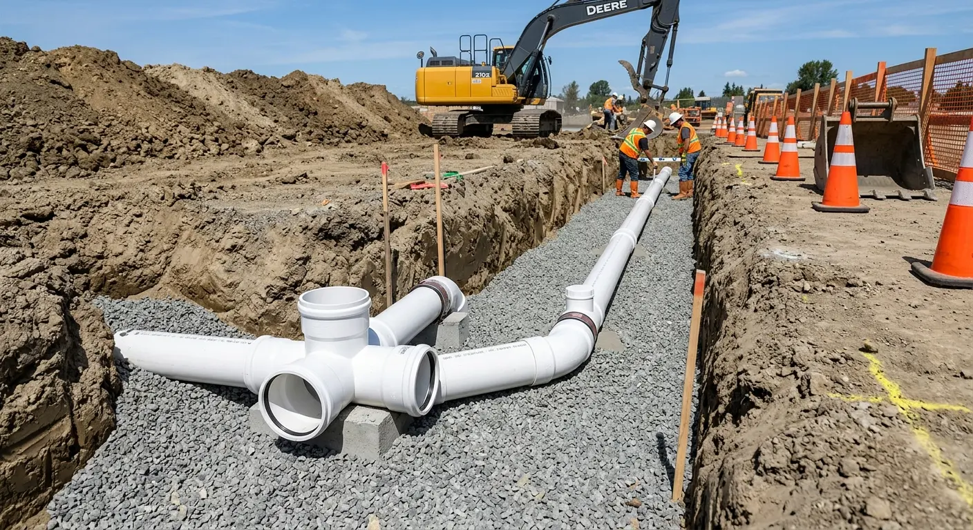 New PVC sewer pipe installation in open trench for Sewer Backup in Youngsville