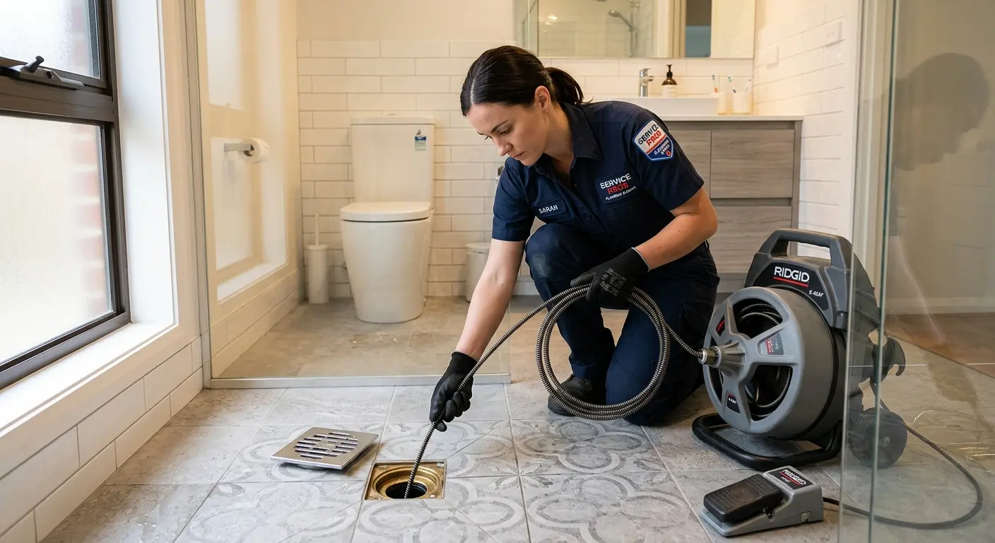 Technician clearing a bathroom floor drain for Drain Cleaning in Youngsville